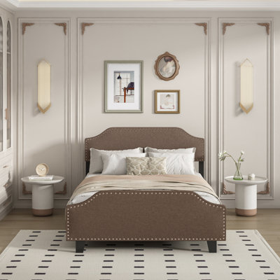 Upholstered Linen Bed Frame, Platform Bed With Curved Shape Headboard And Footboard, Metal Frame With Wood Slat Support, Headboard Height Adjustable, No Box Spring Needed, Chocolate