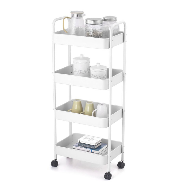 4 Tier Shelf Plastic Slim Storage Trolley Cart Castor Wheels Kitchen Organiser, White