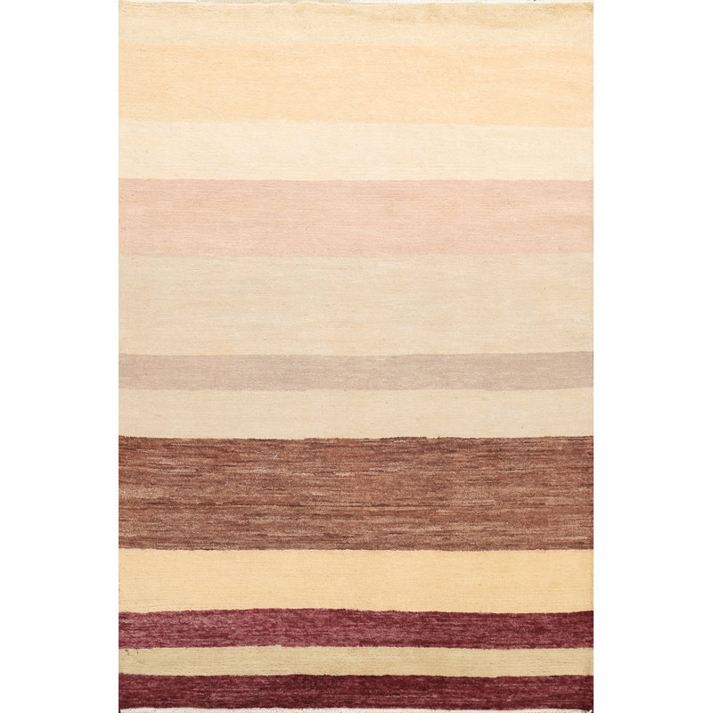 Tapis beige en laine noué à la main de conception unique 4 pi 2 po x 5 pi 9 po New Age