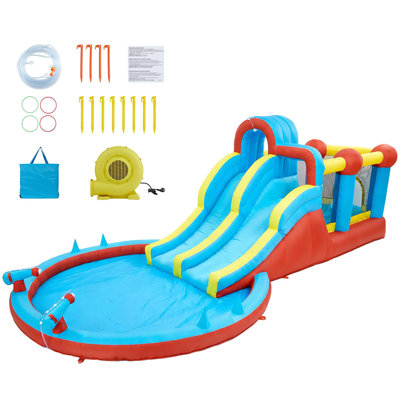 Inflatable Water Slide, Dual Slides Bounce House with Splash Pool Climbing Wall, Backyard Bouncy Castle for Kids 3-10, 8-in-1 Indoor Outdoor Blow Up Jumping House for Birthday Party