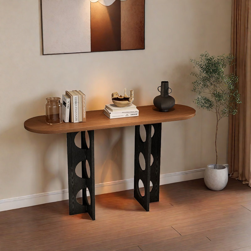 Console en frêne blanc, H 31,5 po x l 55,1 po x P 13,8 po, Bois brun foncé, Noir, noir, noir, noir