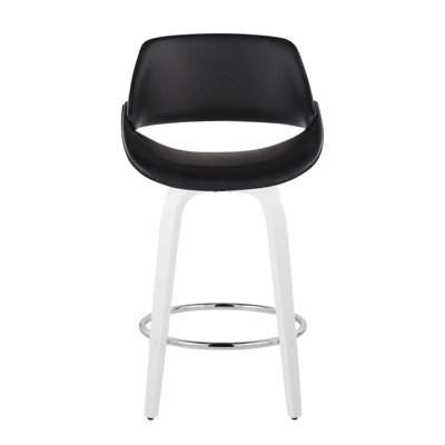Tabouret de bar pivotant à hauteur fixe en bois blanc et similicuir noir avec repose-pieds rond chromé - Paquet de 2