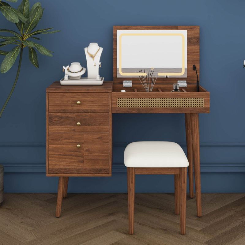 Ensemble de coiffeuse 39 "avec miroir et lumières DEL, coiffeuse avec plateau rabattable, 3 tiroirs, 10 compartiments, ensemble de coiffeuse
