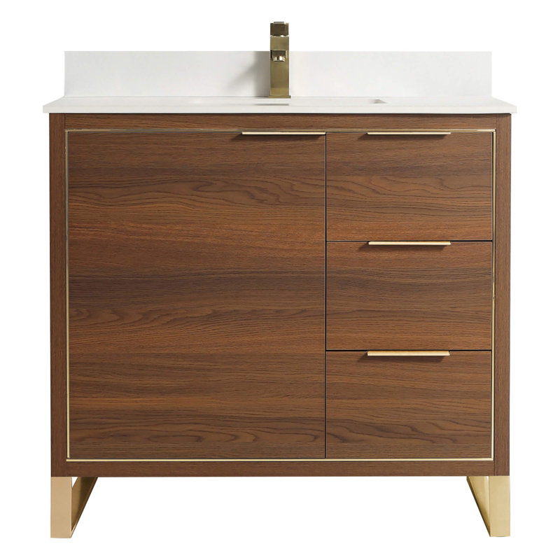 Geselle 36'' Single Bathroom Vanity with Stone Top, Satin Brass, Walnut Ebony