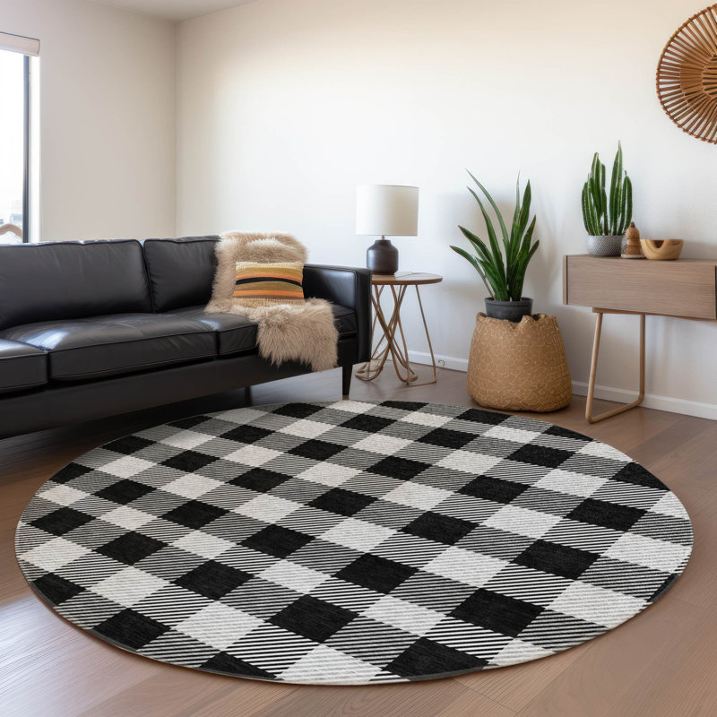 Premium Machine Washable Prisco Black Rug, Round 8'