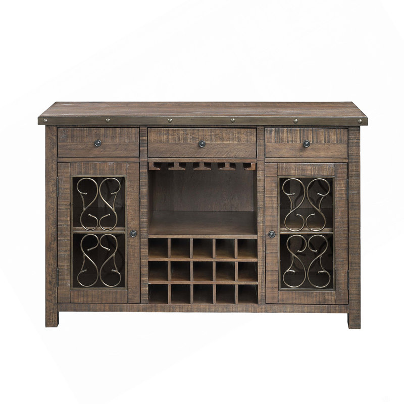 Weathered Finish Server W/Cup Holder & Wine Rack