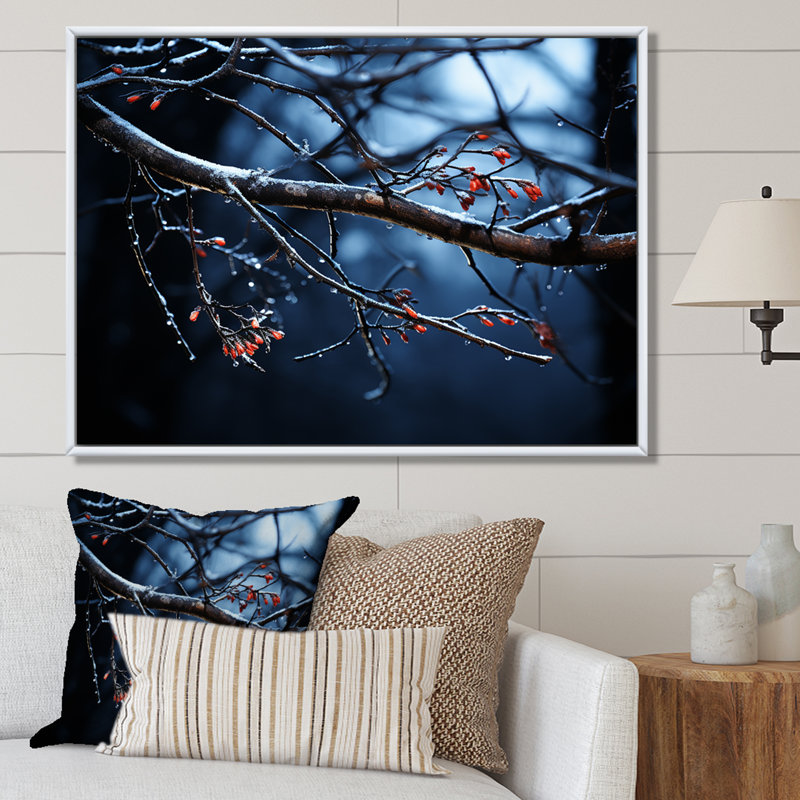 «Moonlit Canopy Winter Tree III», art mural paysage d'hiver, Cadre flottant brun, H 12 po x l 20 po x P 1 po