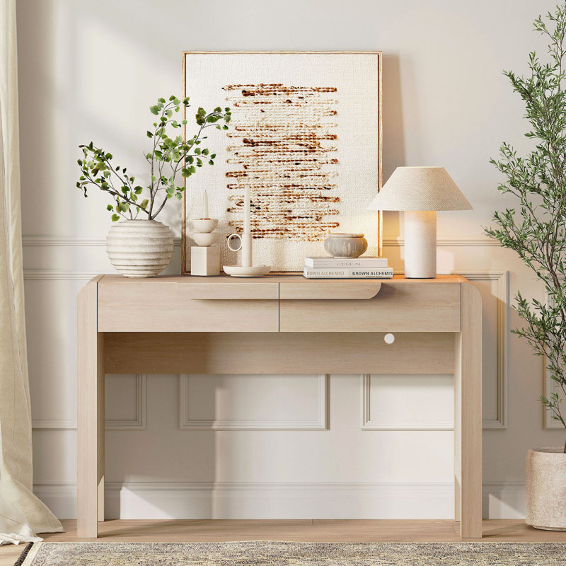 47-Inch Modern Sofa Table, Wood Arched Console Table Behind Couch With Drawers And Charging Station For Entryway, Living Room, Foyer, Hallway, And Office