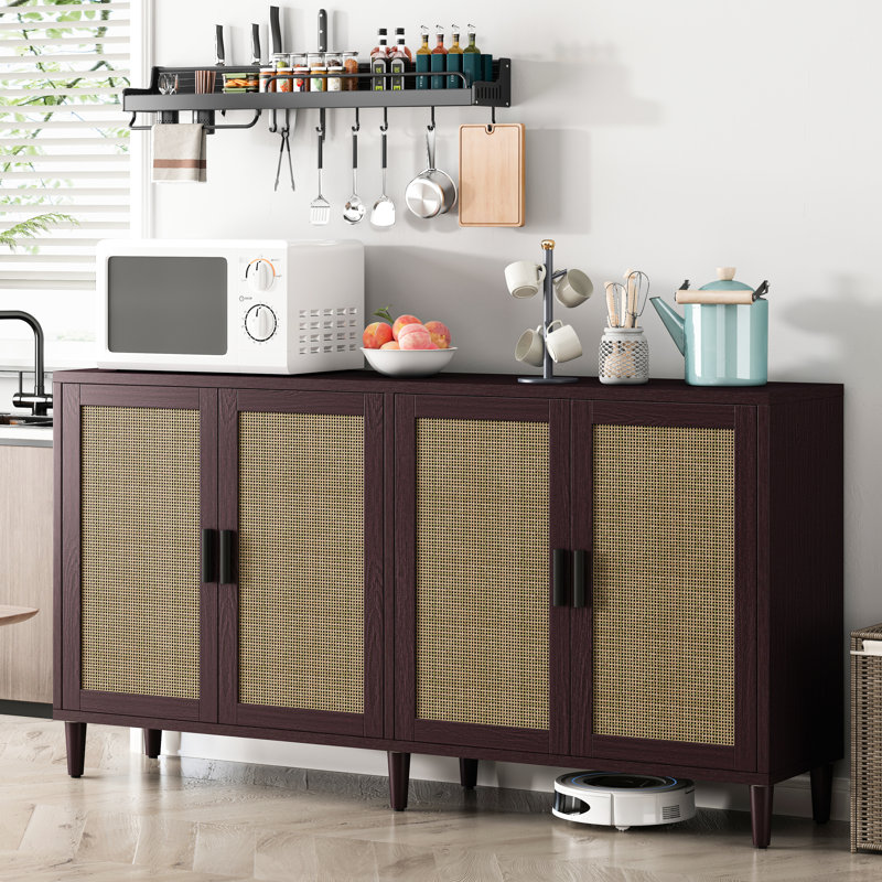 Armoire de rangement 69,4 po de couleur brune avec tablettes réglables et pieds en bois massif, idéale pour le buffet de la salle à manger avec quatre portes et un couloir de bon bureau