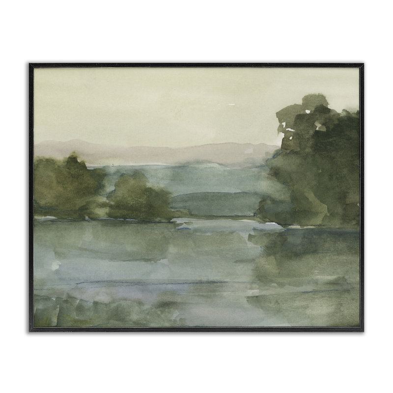 Vue sur lac et montagne, estampe numérique, design par Ethan Harper, H 11 po x l 14 po, Giclée encadrée noir minuit