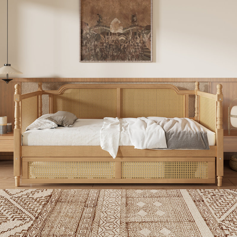 Traditional Style Rattan Daybed with Twin Size Trundle for Limited Space, Guest Room, No Box Spring Needed, Twin