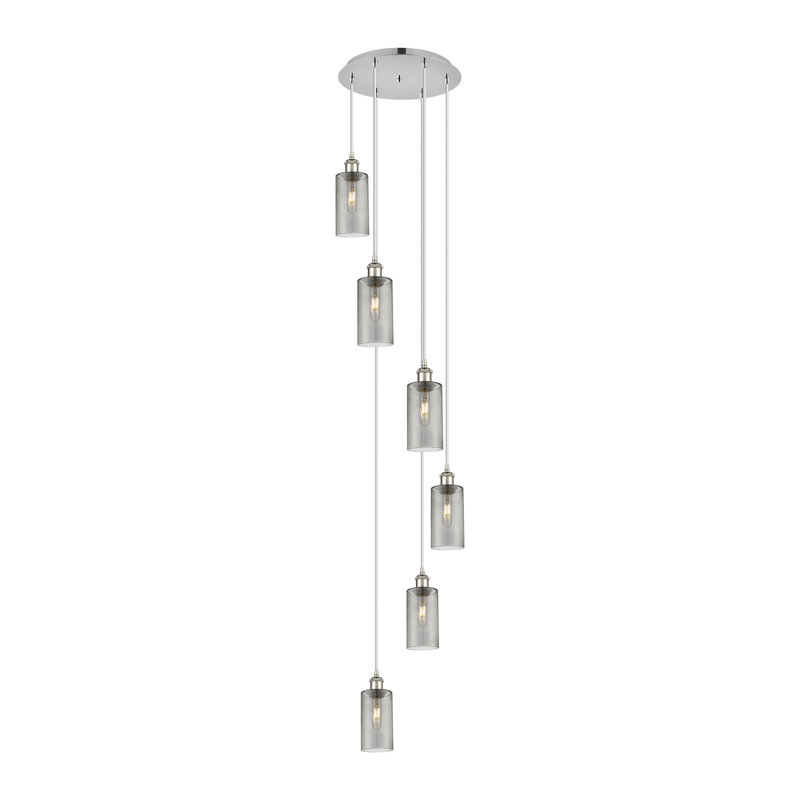 Caius - Luminaire suspendu 6 lumières à cordon, H 132,88 po x l 15,75 po, Gris fumée clair, Nickel poli