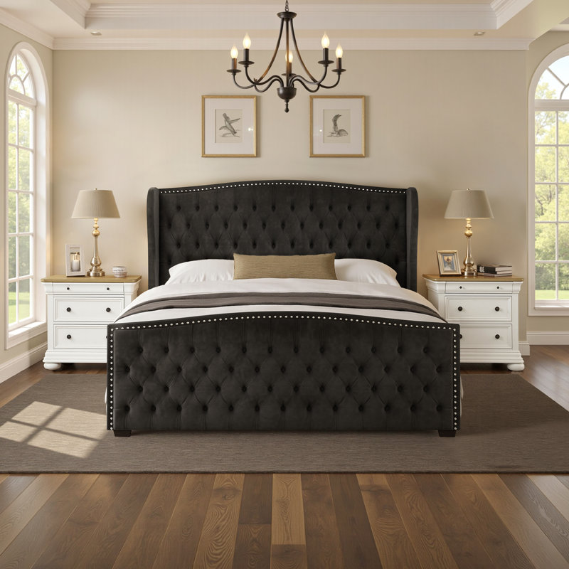 Ensemble de chambre à coucher pour lit très grand classique et rétro 3 pièces, noir, Très grand californien, Noir 