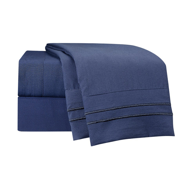 Microfiber Striped Sheet Set, Navy Blue, Queen Sheet Set + Fitted Sheet + 2 Pillowcases