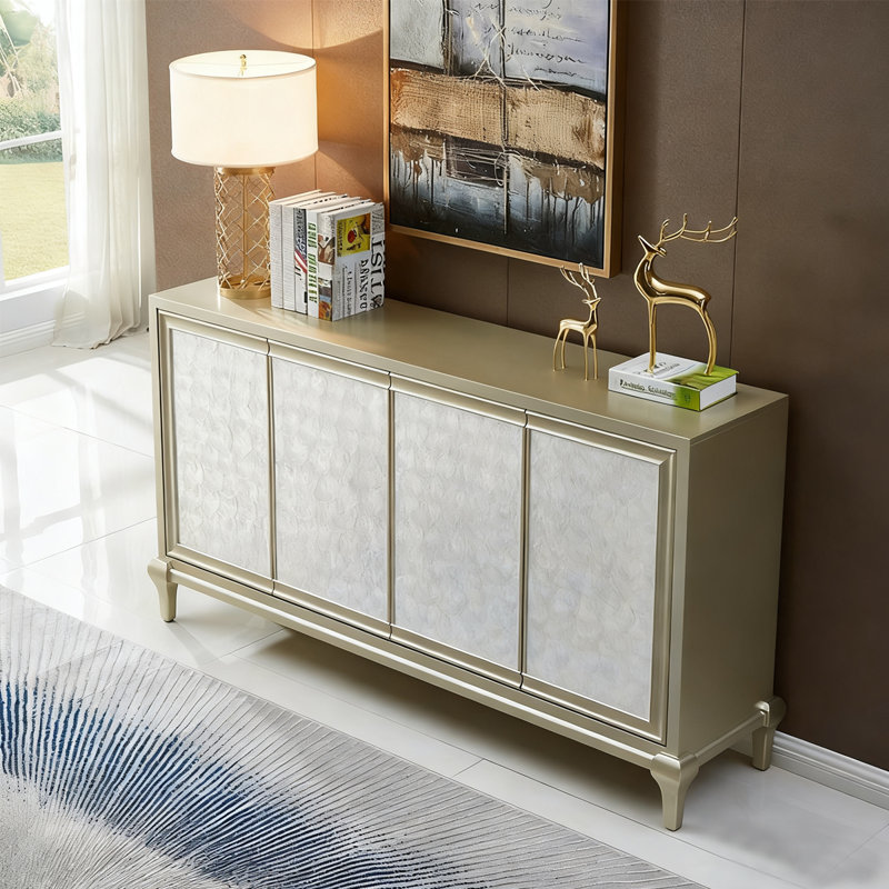 Buffet champagne argent massif et bois manufacturé, H 33,46 po x l 55,12 po x P 15,75 po