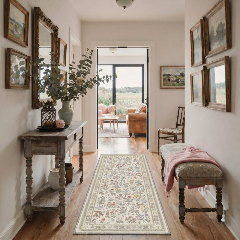 Floral Deer Vintage Machine Washable Beige / Green Indoor Area Rug with Non-Slip Backing, Runner 2'3" x 6'