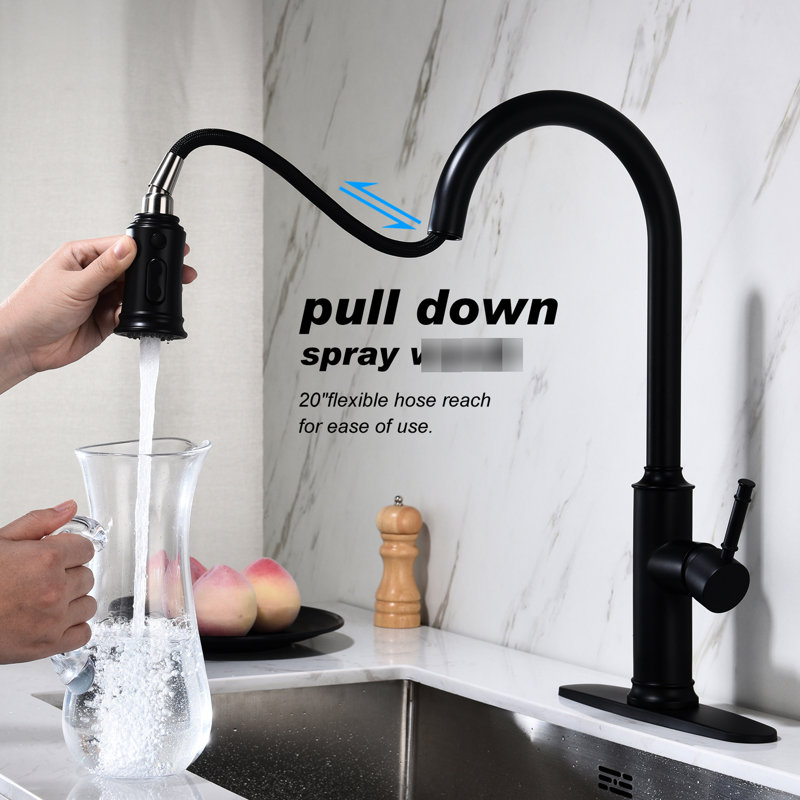 Robinet escamotable noir mat pour cuisine, composition en acier inoxydable, profondeur de l'ensemble de 12,2 po, largeur de 25,6 po, hauteur de 2,6 po, poids du robinet de 5,8 lb, profondeur intérieure, largeur de la hauteur