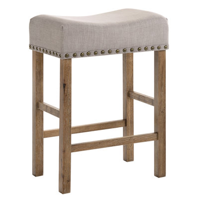 2 tabourets de comptoir en lin brun clair - gris patiné et hauteur de chêne rustique avec assise en mélange moderne