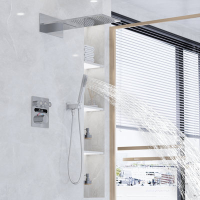 Système de douche thermostatique numérique chromé avec pomme de douche murale à 3 jets, débit d'eau en cascade et douche à main avec valve en laiton
