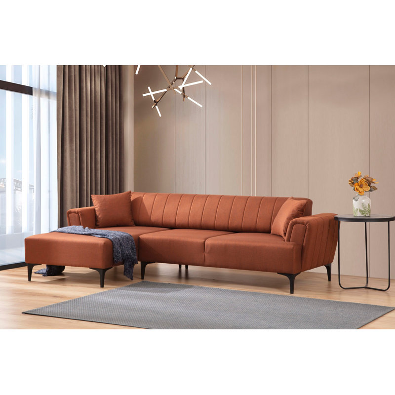Élégant canapé-lit d'angle, rouge carrelé, 55,1 po x 106,3 po x 30,3 po | Tissu 100% polyester, bois de hêtre et structure en carton gris | Mécanisme de dossier tournant pour faciliter la conversion | Coussins en mousse souple, parfaits pour les salons