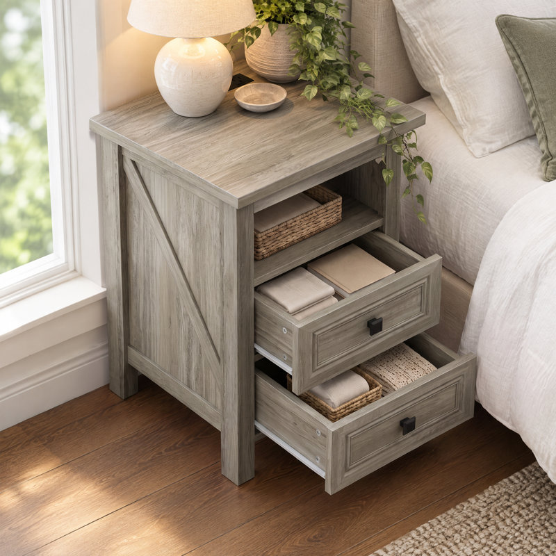 Table de chevet de style champêtre Brigman 18'' L à 2 tiroirs avec station de recharge, table d'appoint, Gris, Individuel