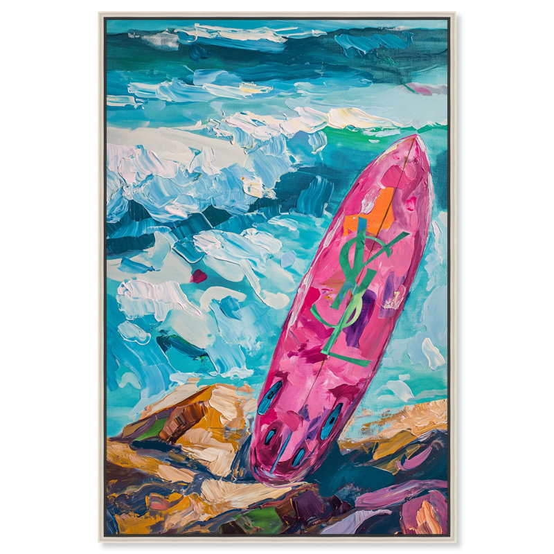 Art mural planche de surf rose sur la plage par Art Remedy, Cadre argenté, H 16 po x l 11 po