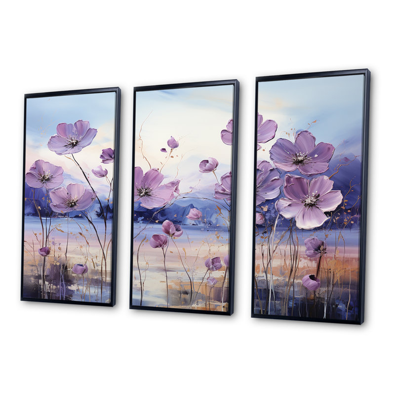 «Violet Flower Meadow Harmony III», ensemble d'art mural sur toile, Cadre flottant noir, H 32 po x l 48 po x P 1 po