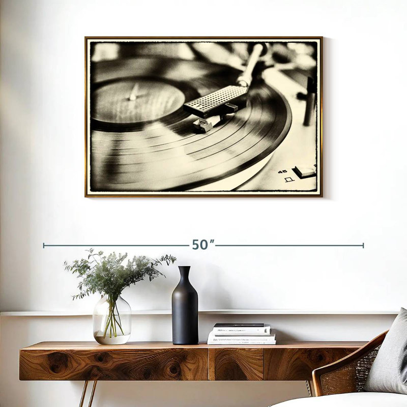 Record Player Border, 37" X 25", Floating Frame Gold