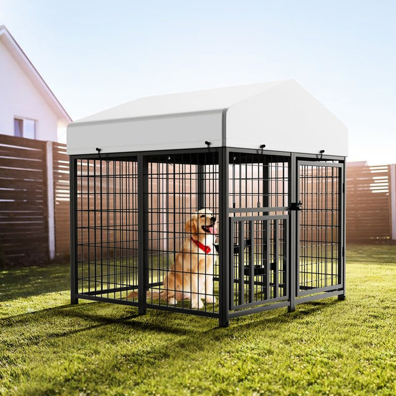 Grand chenil d'extérieur pour chien avec mangeoire rotative et toit amovible pour une enceinte sécurisée