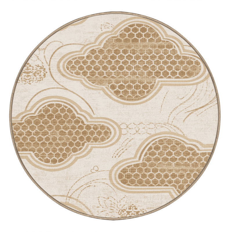 Machine Washable Peoro Global Inspired Moroccan Rug in Beige – Beige Binding, 5' Round