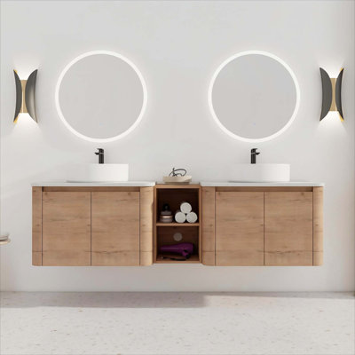 72 Inch Wall-Mounted Bathroom Vanity with Ceramic Art Sink, Storage Shelves, and Soft-Close Doors for Modern Bathrooms