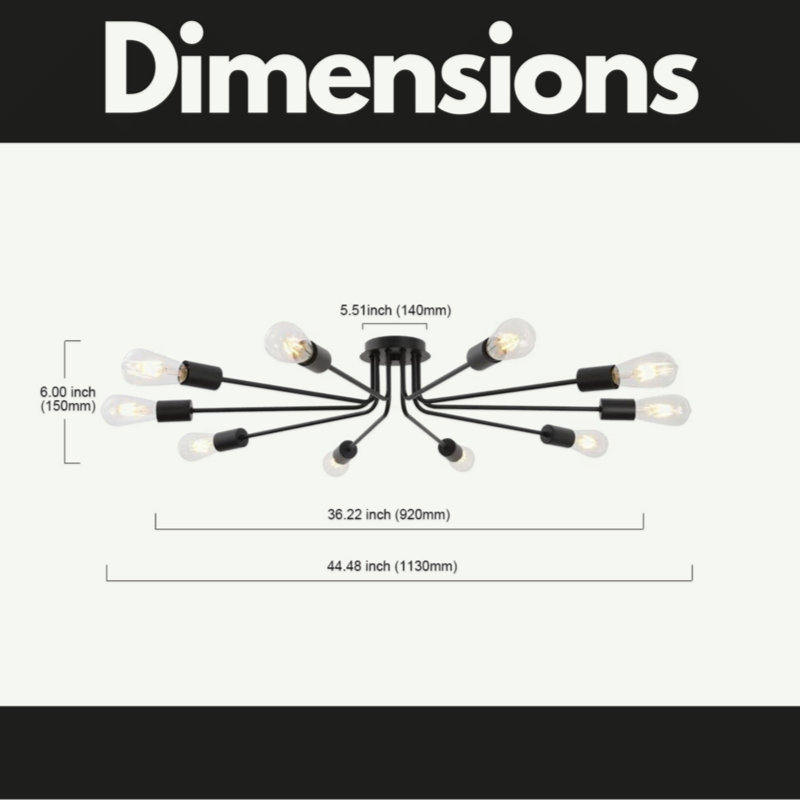 10 Light Sputnik Chandelier Ceiling Light Semi Flush Mount Light Ceiling Lamp, Black