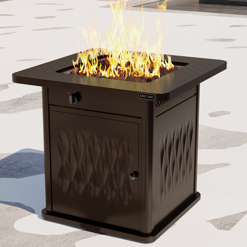 Table de foyer d'extérieur au propane en acier inoxydable avec couvercle, Brun, H 25 po x l 28 po x P 28 po