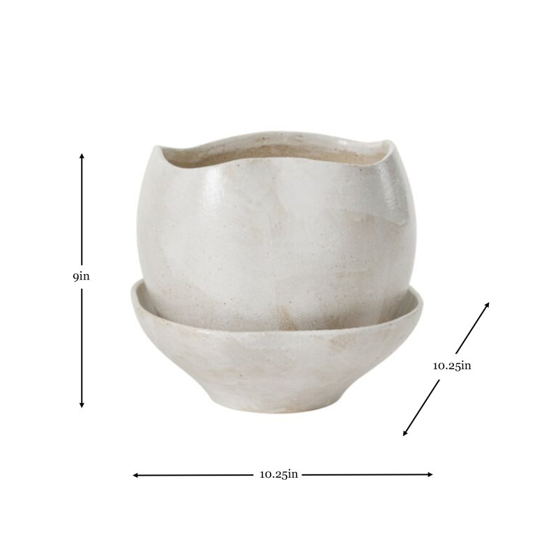 Ensemble pot de fleurs et soucoupe en céramique mouchetée à bord irrégulier artisanal