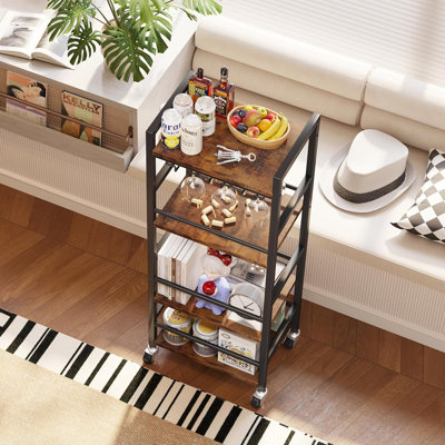 Petit chariot de bar, chariot de service de bar avec tablette à 4 niveaux, tablette de cuisine mobile avec grand rangement et porte-verre, mini chariot de bar pour les petits espaces, cuisine et salle à manger, brun rustique