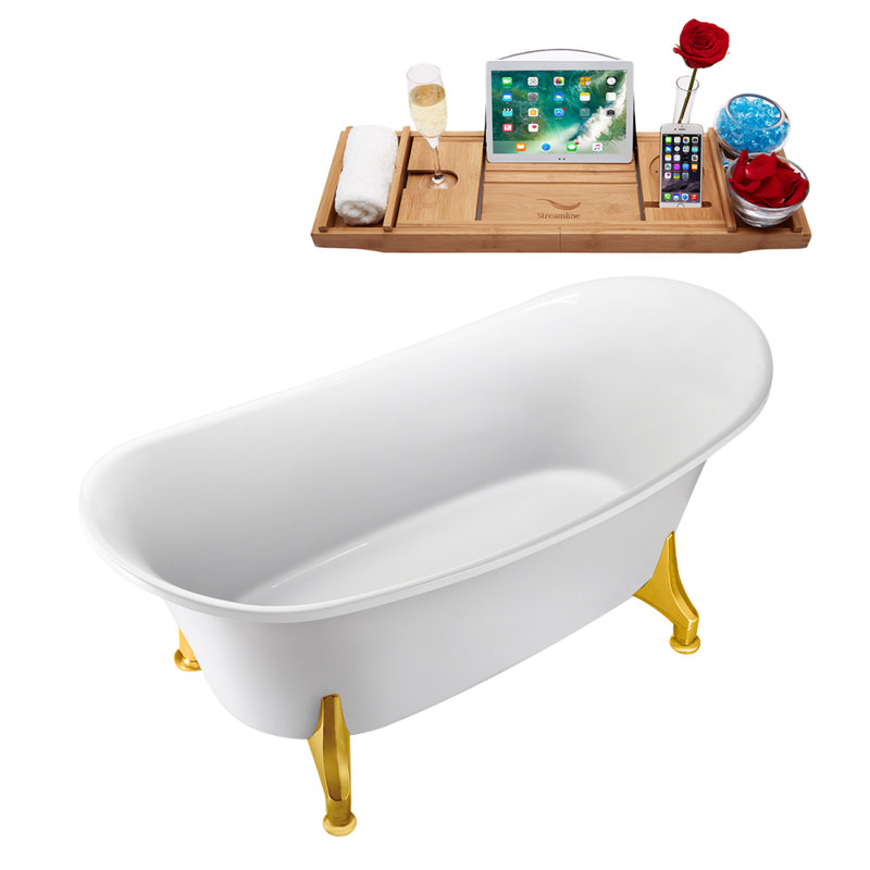 59" Streamline Clawfoot Soaking Acrylic Bathtub With Drain, Clawfeet, and Bamboo Tray, Polished Gold, Brushed Gold