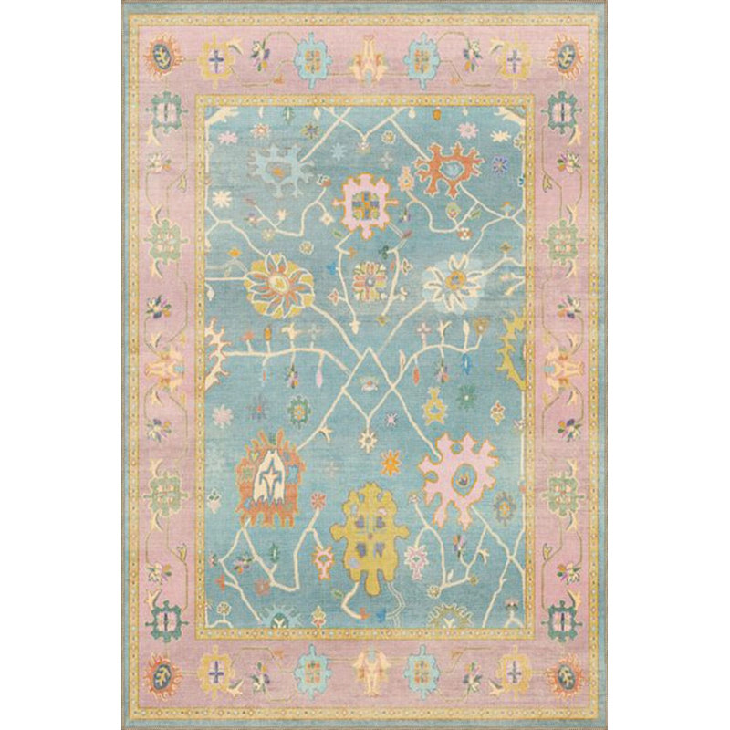 Pink Framed Botanical Patterned Washable Woven Base Carpet, Round 5'