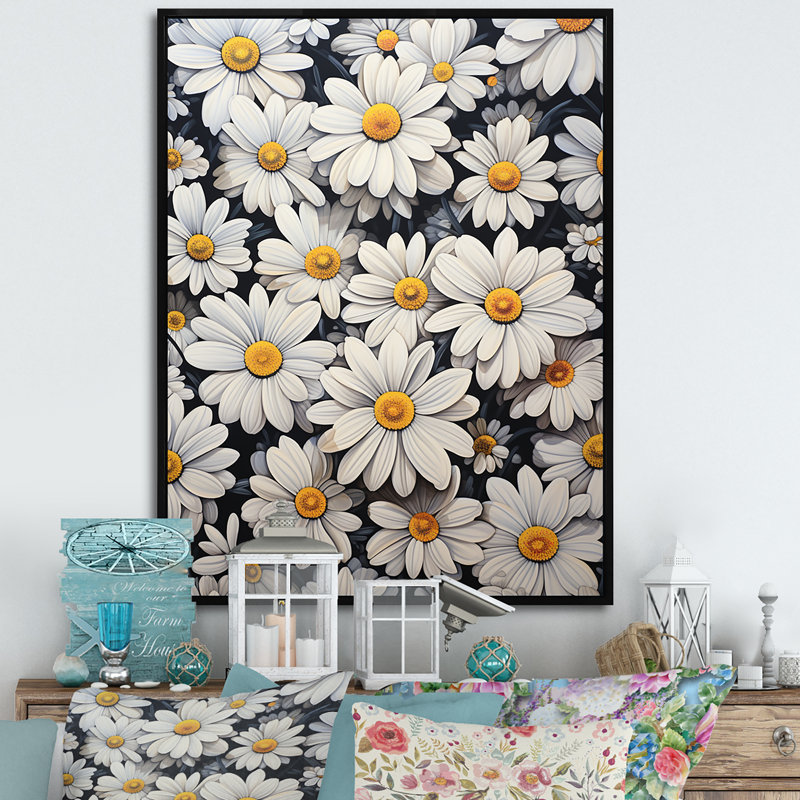 " White Daisy Meadow Elegance VII ", Black Floater Framed, 20" H x 12" W