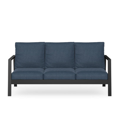 Patio d'extérieur 75 po 3 en aluminium noir avec coussins bleus - traitement, revêtement multicouche, fabrication 75 po toutes saisons et rouille de la structure, sièges confortables et résistants aux chocs