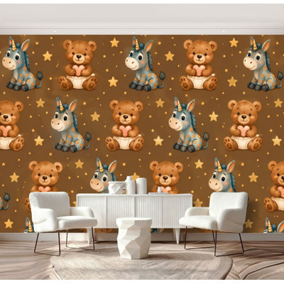 Peel and Stick Wallpaper Cute Bear Bunny Stars Brown Wall Murals 69"H x 96"W Removable PVC Wall Paper Self-Adhesive Wall Decor for Bedroom Living Room Nursery