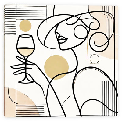 “Sip & Style” Wrapped Canvas Wall Art – Curved Line Woman with Wine Glass and Hat