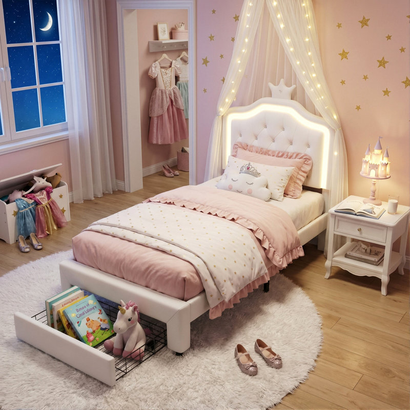 UK Single Princess Bed With LED Crown Headboard & Storage Drawer, Pink & White Faux Leather, White
