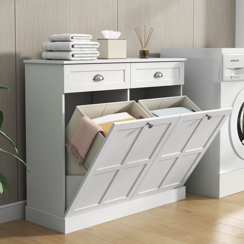 Double Tilt Out Laundry Hamper Cabinet With 2 Drawers & 2 Laundry Storage Baskets, 30 Gallon Trash Can Cabinet, Storage Cabinet For Bathroom, Laundry Room, Kitchen, White