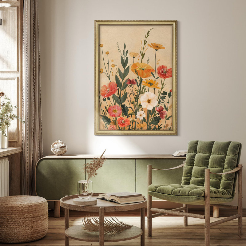 "Champ de fleurs de coquelicots botaniques rétro avec tons chauds, décoration murale encadrée dorée", Non