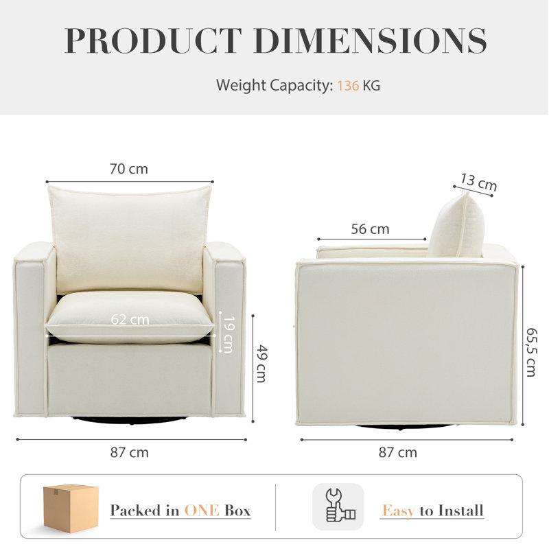 Velvet Swivel Chair - Plush Upholstered Armchair W/ 360° Rotation & Sturdy Base, 136kg, White 