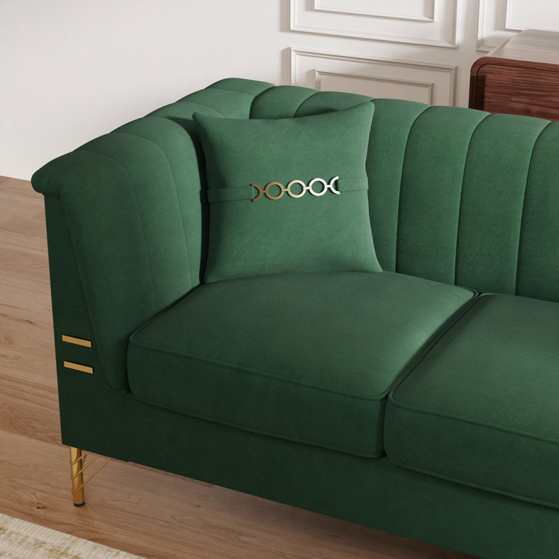 Canapé de style Chesterfield 3 places 82,67 po en velours vert avec 2 coussins, Vert