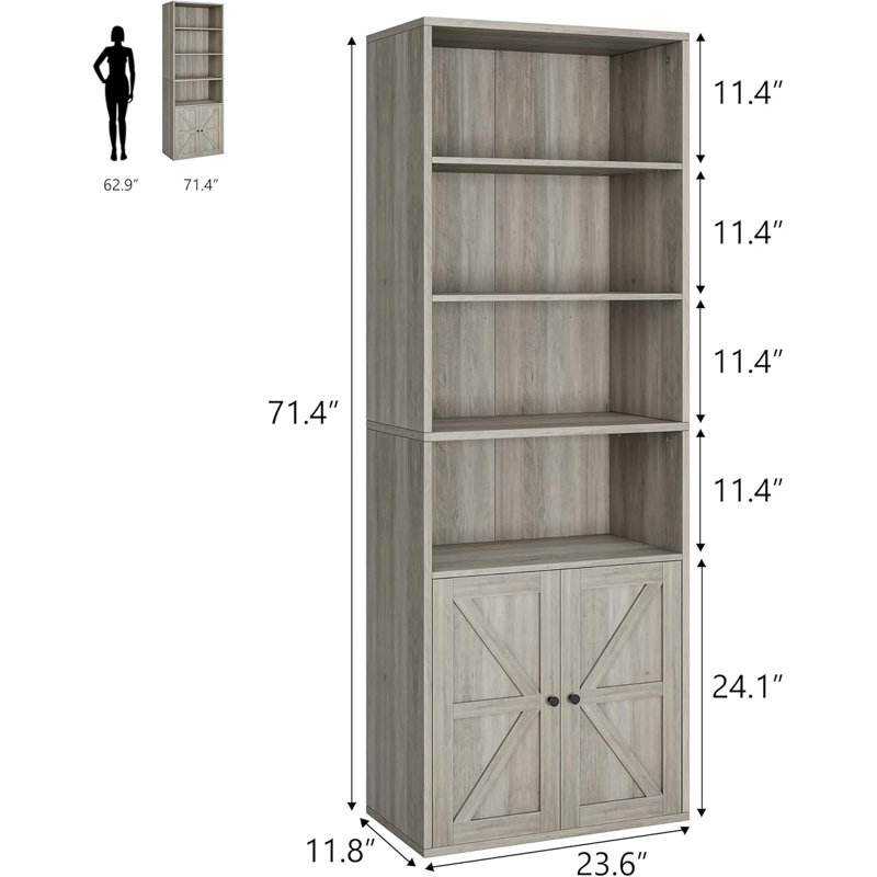 Farmhouse Bookcase with Doors & 6 Shelves, 71.4in Tall Industrial Storage Shelf for Living Room, Office, Bedroom