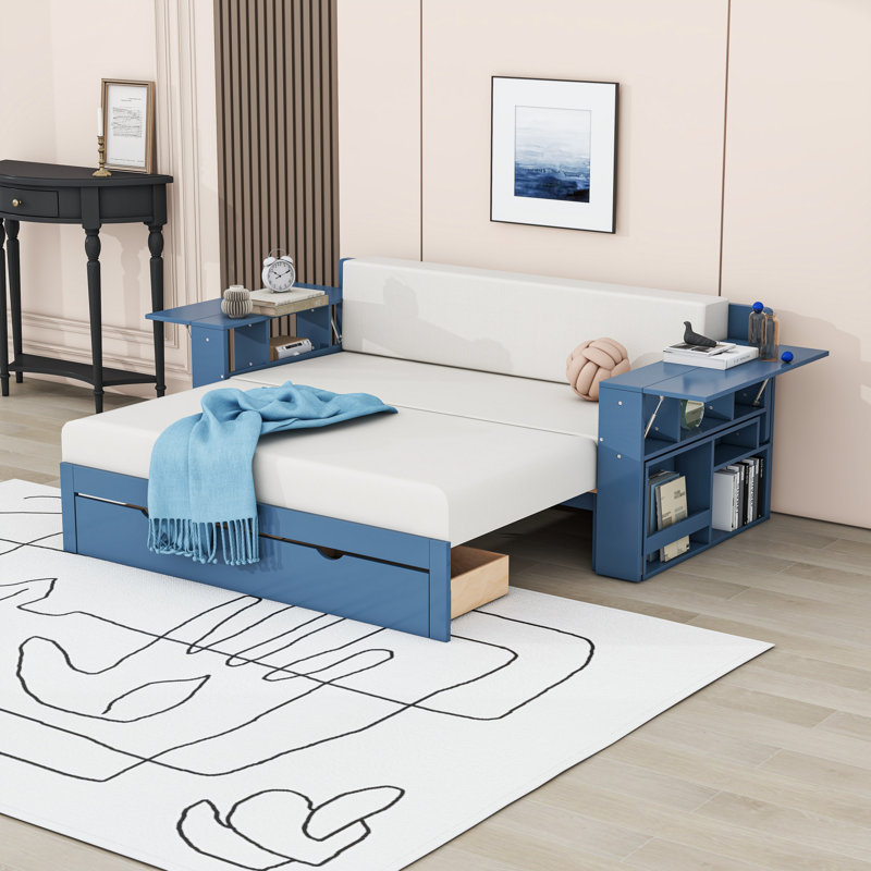 Wooden Convertible Daybed with Built-in Desk and Drawer, Blue, Full/Double