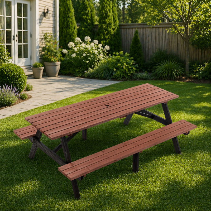 Ensemble de table de pique-nique d'extérieur 75 po - capacité de 2 200 lb, avec trou pour parasol, robuste, pour la cour arrière, la pelouse et le barbecue
