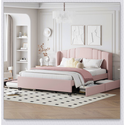 Upholstered Platform Bed With Wingback Headboard, One Twin Trundle And 2 Drawers, No Box Spring Needed